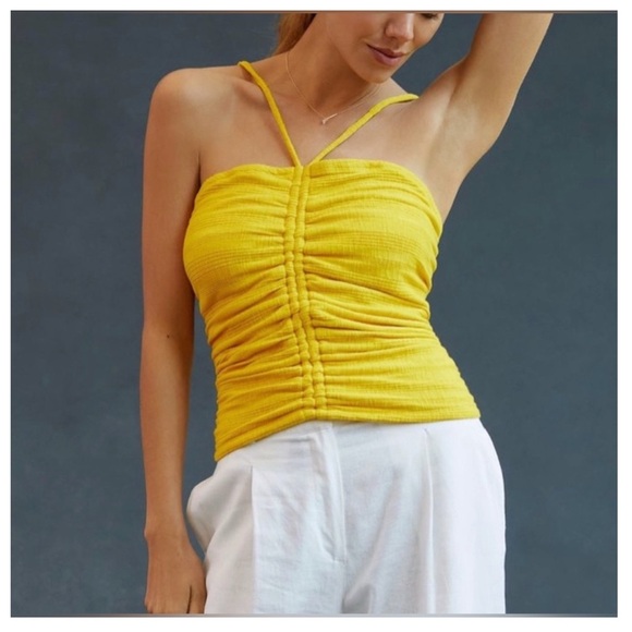 Anthropologie Tops - Anthropologie Pilcro Yellow Ruched Ribbed Halter Top